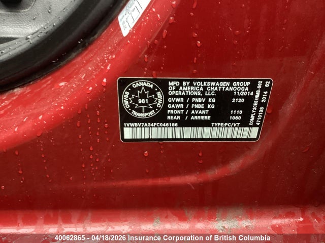 1VWBV7A34FC046186 Volkswagen PASSAT SE