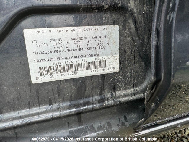Продаж на аукціоні авто 2006 Mazda Mazda3 Gs/gx, vin: JM1BK12F261466395, номер лоту: 40062870