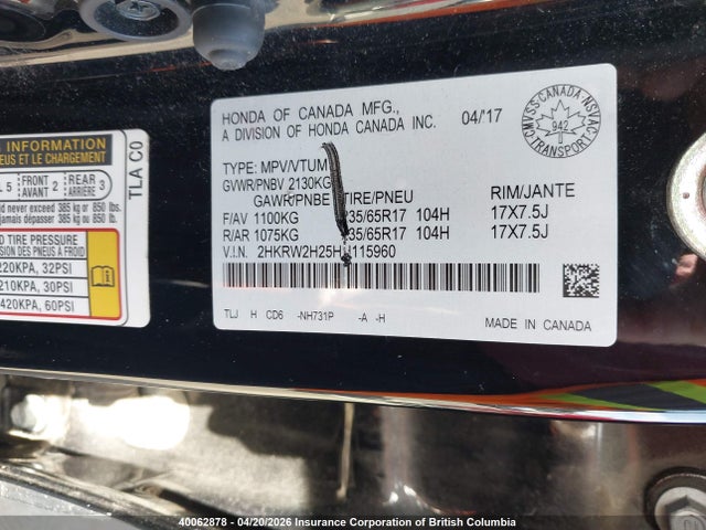 40062878 :رقم المزاد ، 2HKRW2H25HH115960 vin ، 2017 Honda Cr-v مزاد بيع