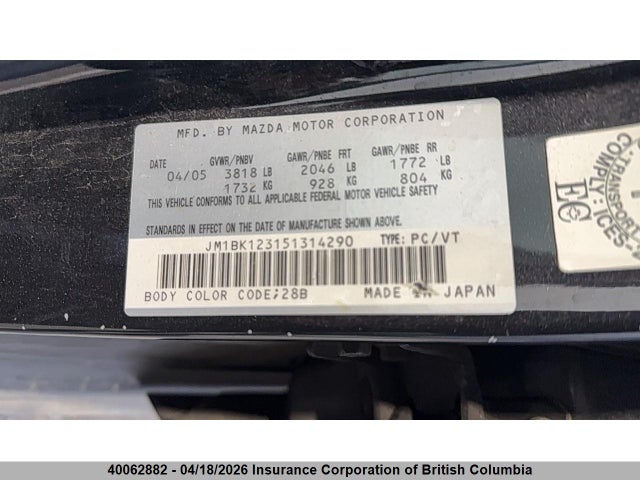 40062882 :رقم المزاد ، JM1BK123151314290 vin ، 2005 Mazda 3 S مزاد بيع