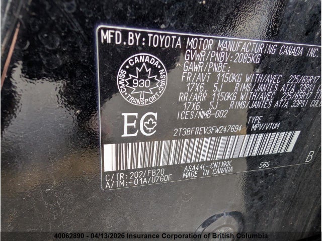 40062890 :رقم المزاد ، 2T3BFREV3FW247694 vin ، 2015 Toyota Rav4 مزاد بيع