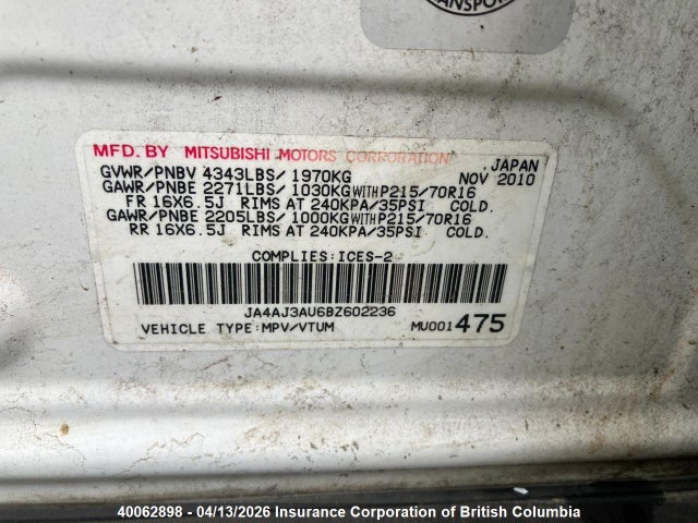 Продаж на аукціоні авто 2011 Mitsubishi Rvr, vin: JA4AJ3AU6BZ602236, номер лоту: 40062898