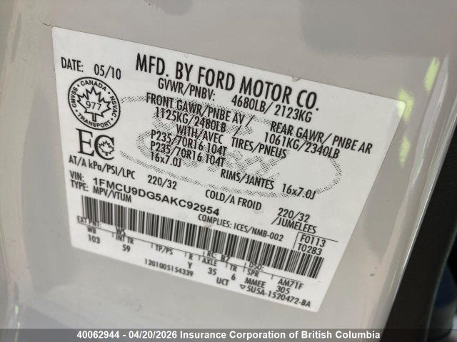 Продажа на аукционе авто 2010 Ford Escape Xlt, vin: 1FMCU9DG5AKC92954, номер лота: 40062944