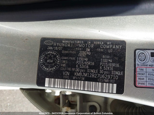 Aukcja sprzedaży 2007 Hyundai Tucson Gls, vin: KM8JM12B27U629710, numer aukcji: 40062970