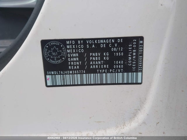 40062988 :رقم المزاد ، 3VWDL7AJ4DM365774 vin ، 2013 Volkswagen Jetta مزاد بيع