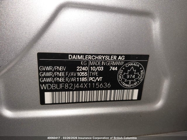 40060417 :رقم المزاد ، WDBUF82J44X115636 vin ، 2004 Mercedes-benz E 320 4matic مزاد بيع