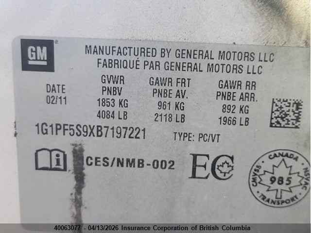 Aukcja sprzedaży 2011 Chevrolet Cruze, vin: 1G1PF5S9XB7197221, numer aukcji: 40063077