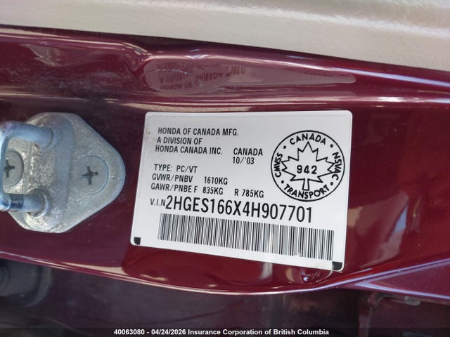 Aukcja sprzedaży 2004 Honda Civic, vin: 2HGES166X4H907701, numer aukcji: 40063080