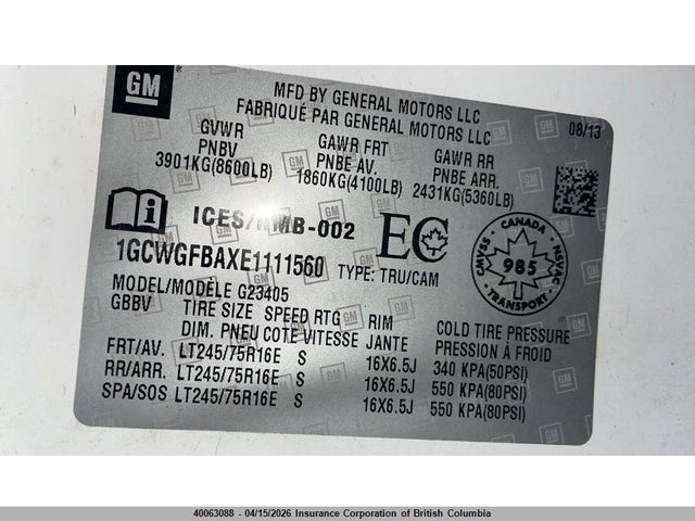 1GCWGFBAXE1111560 Chevrolet Express G2500