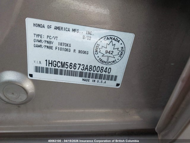 Продаж на аукціоні авто 2003 Honda Accord Ex, vin: 1HGCM56673A800840, номер лоту: 40063100