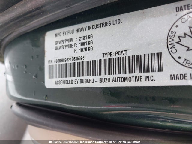 Aukcja sprzedaży 2001 Subaru Legacy Outback H6 3.0 Vdc, vin: 4S3BH896217635396, numer aukcji: 40063123