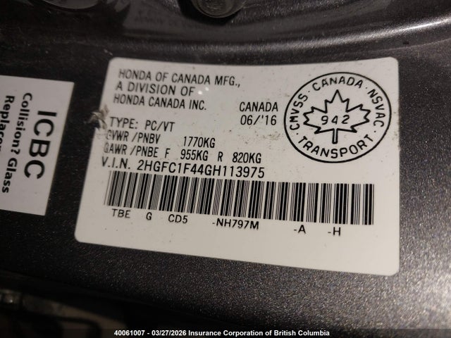 Продаж на аукціоні авто 2016 Honda Civic Ex, vin: 2HGFC1F44GH113975, номер лоту: 40061007