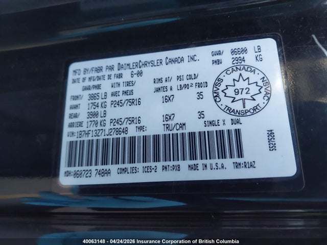 Aukcja sprzedaży 2001 Dodge Ram 1500, vin: 1B7HF13Z71J278648, numer aukcji: 40063148