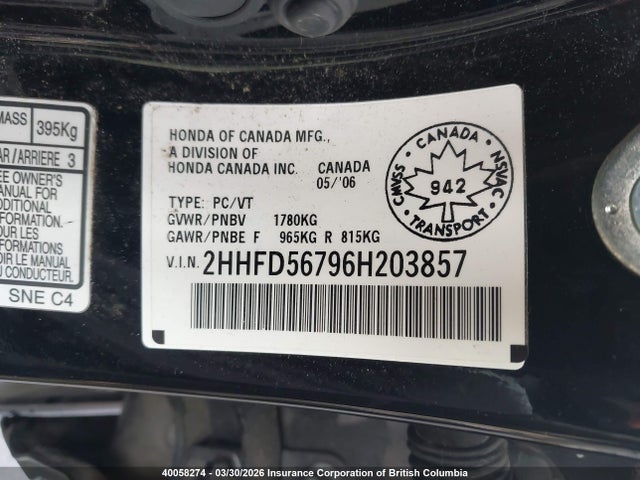 Aukcja sprzedaży 2006 Acura Csx Premium, vin: 2HHFD56796H203857, numer aukcji: 40058274