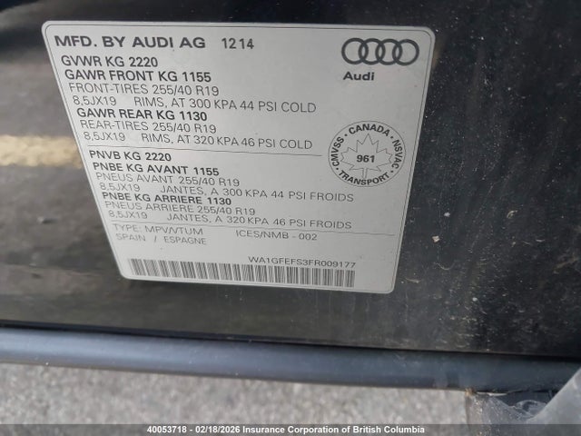 Продаж на аукціоні авто 2015 Audi Q3 Prestige, vin: WA1GFEFS3FR009177, номер лоту: 40053718