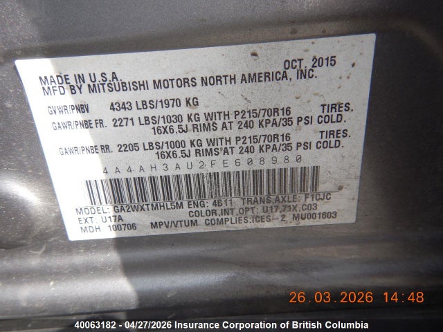 Продажа на аукционе авто 2015 Mitsubishi Rvr, vin: 4A4AH3AU2FE608980, номер лота: 40063182