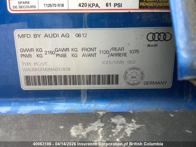 Продажа на аукционе авто 2013 Audi A3, vin: WAUDFCFM2DA032828, номер лота: 40063186