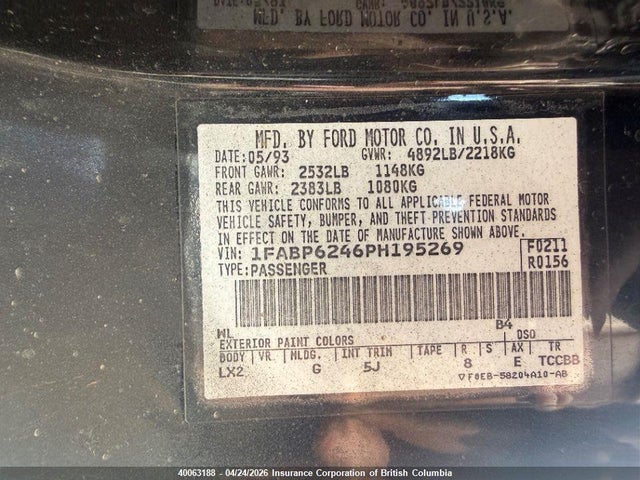 Продаж на аукціоні авто 1993 Ford Thunderbird Lx, vin: 1FABP6246PH195269, номер лоту: 40063188