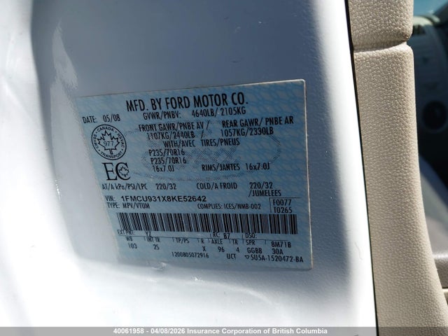 2008 Ford Escape Xlt მანქანა იყიდება აუქციონზე, vin: 1FMCU931X8KE52642, აუქციონის ნომერი: 40061958