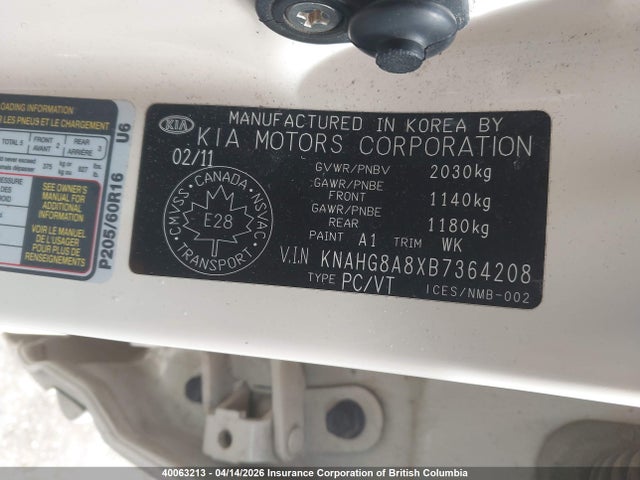 Aukcja sprzedaży 2011 Kia Rondo, vin: KNAHG8A8XB7364208, numer aukcji: 40063213