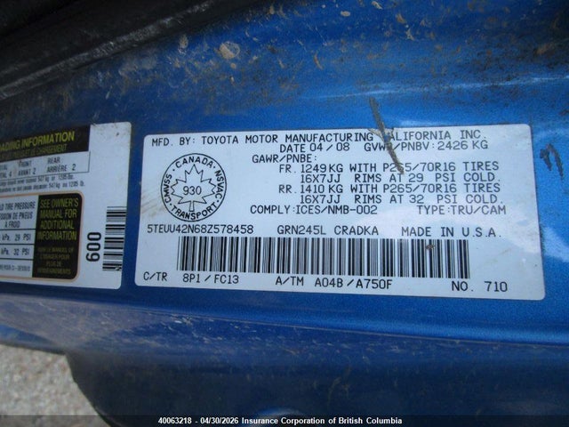 2008 Toyota Tacoma Access Cab მანქანა იყიდება აუქციონზე, vin: 5TEUU42N68Z578458, აუქციონის ნომერი: 40063218