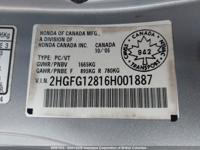 Aukcja sprzedaży 2006 Honda Civic Ex, vin: 2HGFG12816H001887, numer aukcji: 40061533