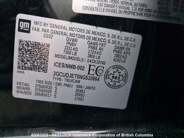 3GCUDJET0NG510964 Chevrolet Silverado K1500 High Country