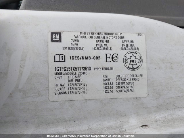 Aukcja sprzedaży 2005 Gmc Savana G2500, vin: 1GTFG25TX51173613, numer aukcji: 40058683