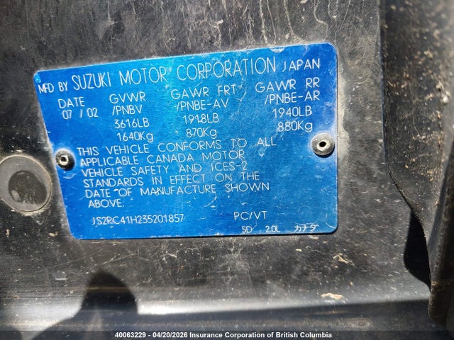 Aukcja sprzedaży 2003 Suzuki Aerio, vin: JS2RC41H235201857, numer aukcji: 40063229