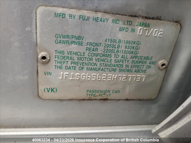 Продажа на аукционе авто 2003 Subaru Forester 2.5xs, vin: JF1SG65623H727737, номер лота: 40063234