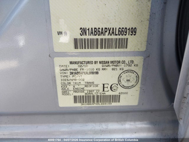 Aukcja sprzedaży 2010 Nissan Sentra 2.0/2.0s/sr/2.0sl, vin: 3N1AB6APXAL669199, numer aukcji: 40061764