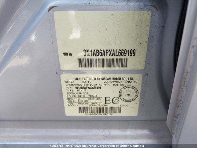 Aukcja sprzedaży 2010 Nissan Sentra 2.0/2.0s/sr/2.0sl, vin: 3N1AB6APXAL669199, numer aukcji: 40061764