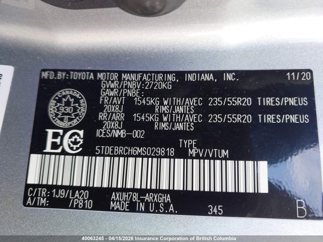 2021 Toyota Highlander Hybrid Platinum მანქანა იყიდება აუქციონზე, vin: 5TDEBRCH6MS029818, აუქციონის ნომერი: 40063245