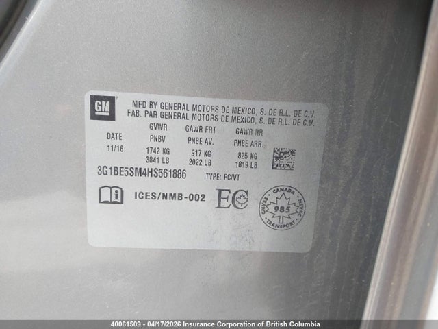2017 Chevrolet Cruze Lt მანქანა იყიდება აუქციონზე, vin: 3G1BE5SM4HS561886, აუქციონის ნომერი: 40061509
