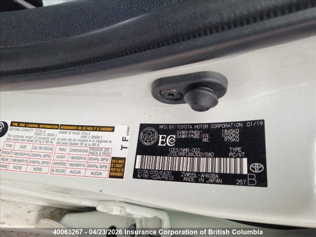 JTDL9RFUXK3001580 Toyota Prius