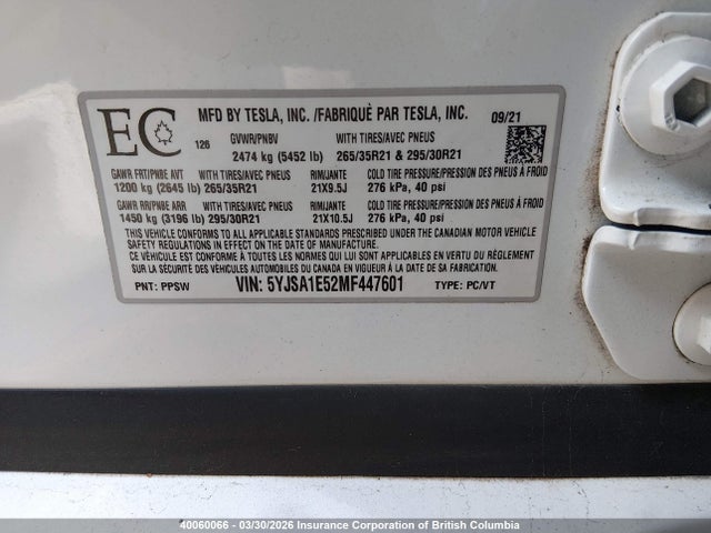 Продажа на аукционе авто 2021 Tesla Model S, vin: 5YJSA1E52MF447601, номер лота: 40060066