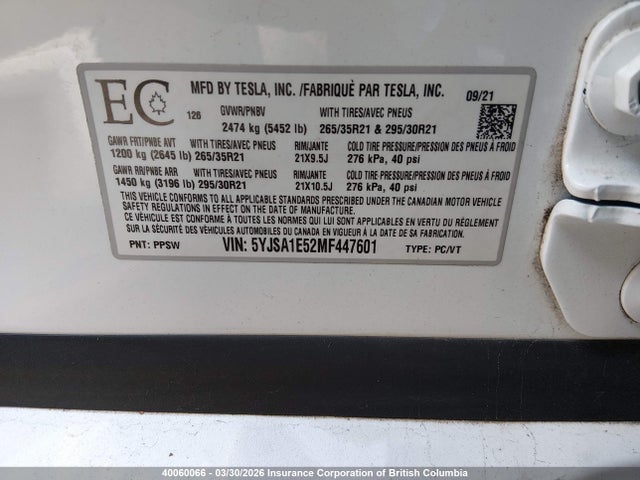 Продажа на аукционе авто 2021 Tesla Model S, vin: 5YJSA1E52MF447601, номер лота: 40060066