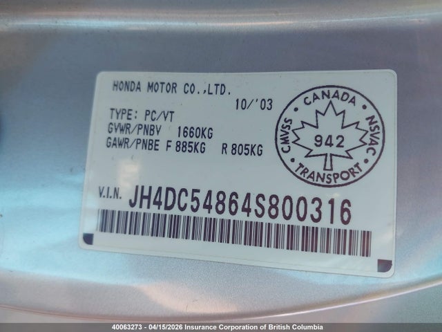 40063273 :رقم المزاد ، JH4DC54864S800316 vin ، 2004 Acura Rsx مزاد بيع