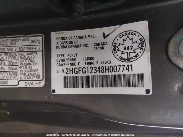 Aukcja sprzedaży 2008 Honda Civic Dx-g, vin: 2HGFG12348H007741, numer aukcji: 40058086