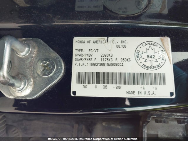 Aukcja sprzedaży 2008 Honda Accord Exl, vin: 1HGCP36818A805004, numer aukcji: 40063279