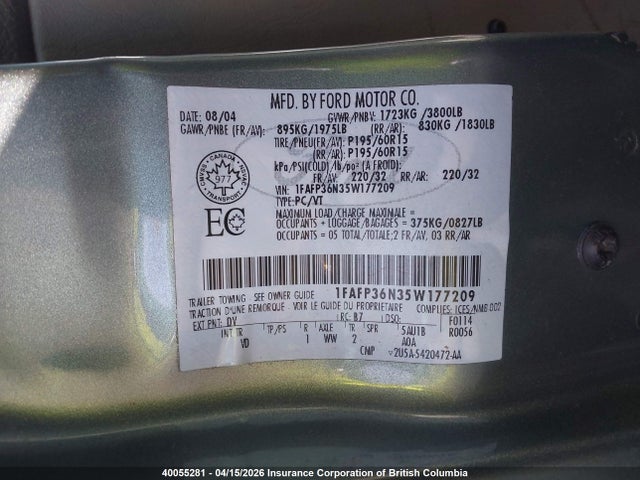 2005 Ford Focus Zxw მანქანა იყიდება აუქციონზე, vin: 1FAFP36N35W177209, აუქციონის ნომერი: 40055281