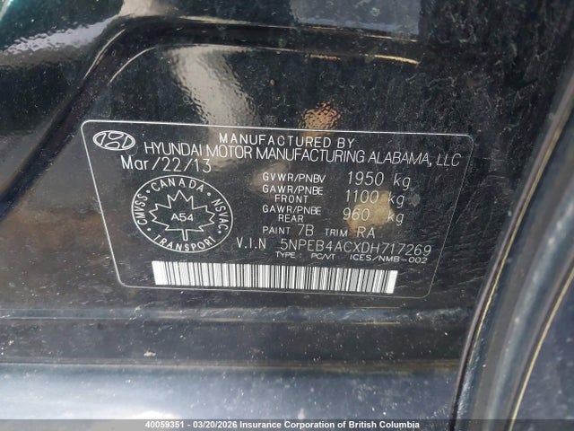 Aukcja sprzedaży 2013 Hyundai Sonata Gls, vin: 5NPEB4ACXDH717269, numer aukcji: 40059351