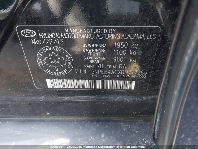 Aukcja sprzedaży 2013 Hyundai Sonata Gls, vin: 5NPEB4ACXDH717269, numer aukcji: 40059351