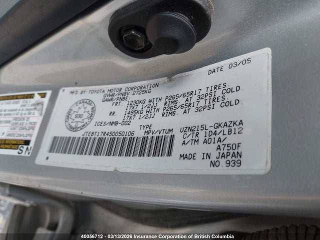 2005 Toyota 4runner Limited მანქანა იყიდება აუქციონზე, vin: JTEBT17R450050106, აუქციონის ნომერი: 40056712