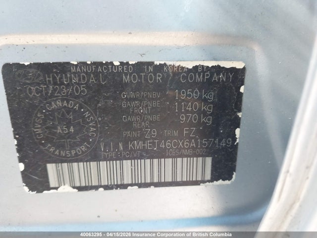 Продаж на аукціоні авто 2006 Hyundai Sonata Gl, vin: KMHET46CX6A157149, номер лоту: 40063295