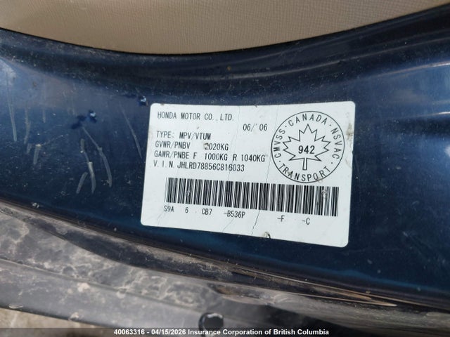 Aukcja sprzedaży 2006 Honda Cr-v, vin: JHLRD78856C816033, numer aukcji: 40063316