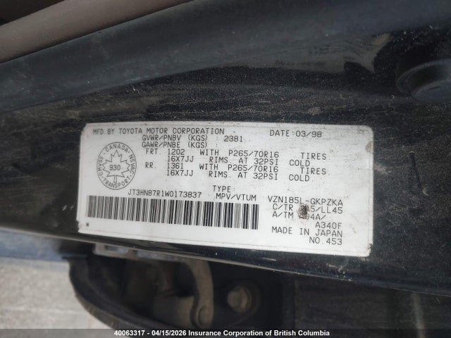 1998 Toyota 4runner Limited მანქანა იყიდება აუქციონზე, vin: JT3HN87R1W0173837, აუქციონის ნომერი: 40063317