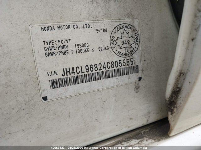 40063323 :رقم المزاد ، JH4CL96824C805555 vin ، 2004 Acura Tsx مزاد بيع