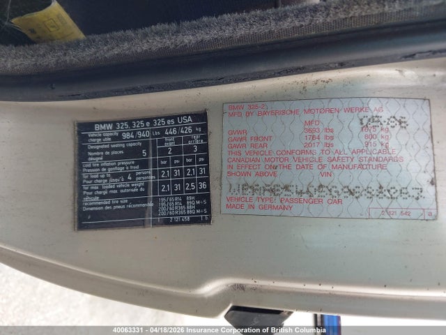 40063331 :رقم المزاد ، WBAAB5405G9688263 vin ، 1986 Bmw 325 E مزاد بيع