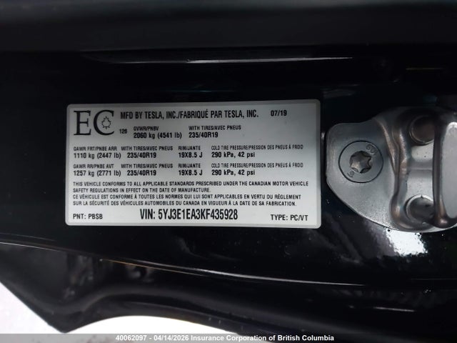 Продаж на аукціоні авто 2019 Tesla Model 3, vin: 5YJ3E1EA3KF435928, номер лоту: 40062097